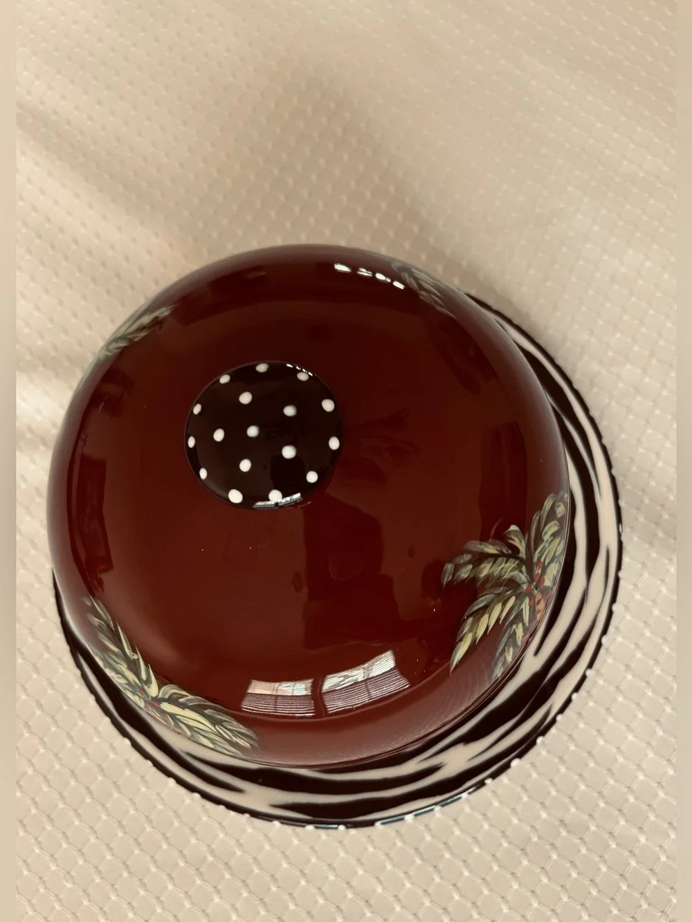 Hand-Painted Brown Ceramic Cheese Dome with Tropical Palm Motif with Monkey
